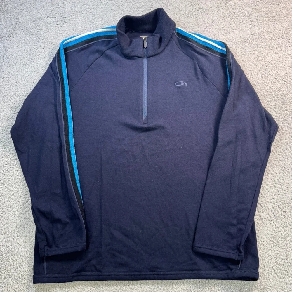 Icebreaker Merino Wool Quarter Zip Pullover Mens XL Navy Blue Striped 1001538